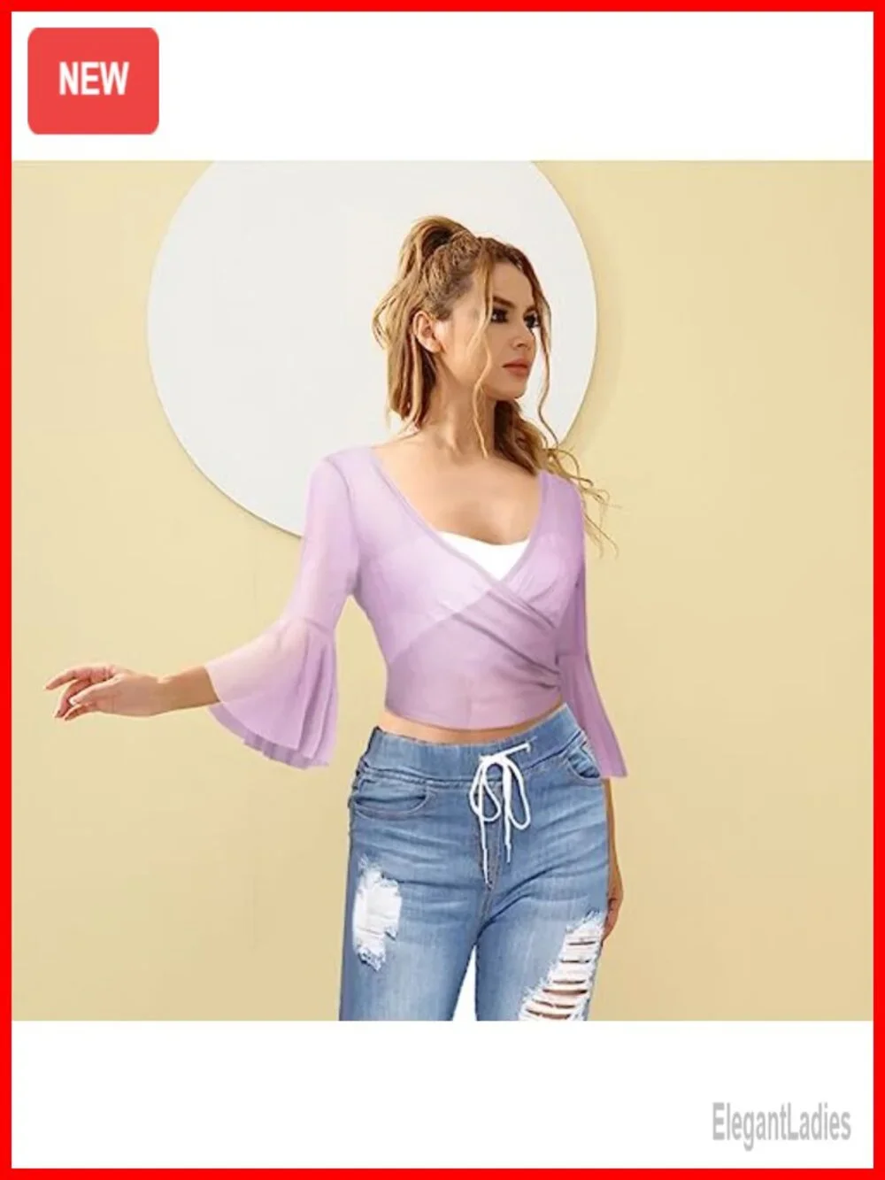 Sheer Mesh See Through Cross Wrap Crop Top Blouse Short Sleeve V-Neck